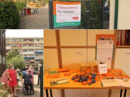 Bildercollage: Eingang mit Banner "Meine Stimme für Inklsuion", Frau und Mann im Rollstuhl im Eingang und Tisch mit Material von Aktion Mensch