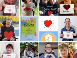 Eine Collage mit 12 Bildern, auf denen Menschen ein Plakat halten auf dem "Danke" steht.