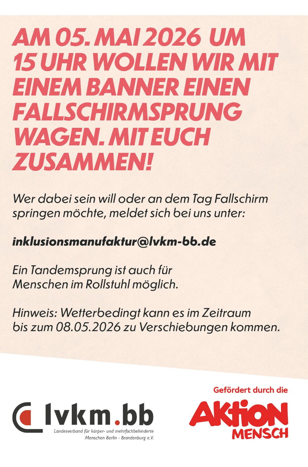 Protesttag-Flyer: Fallschirmsprung für Inklusion am 05.05.2026, 15Uhr, Flugplatz Fehrbellin; Banneraktion, Tandemsprung auch im Rollstuhl möglich