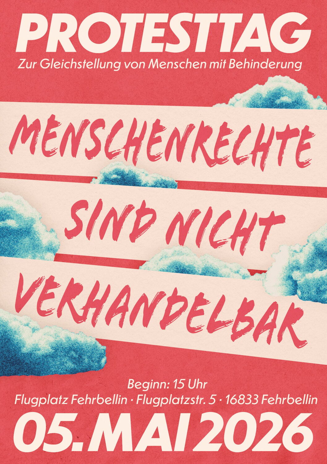 Protesttag-Flyer: Fallschirmsprung für Inklusion am 05.05.2026, 15Uhr, FlugplatzFehrbellin; Banneraktion, Tandemsprung auch im Rollstuhl möglich