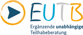 Man sieht das Logo der EUTB. E in dunkelblau, U in türkis, T in grau und B in Orange. Daneben ein Pfeil in einem Kreis. Darunter steht: Ergänzende Unabhängige Teilhabeberatung.