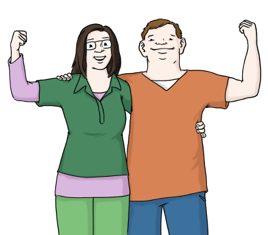 Eine Frau und ein Mann stehen Arm in Arm und zeigen ihre Muskeln.